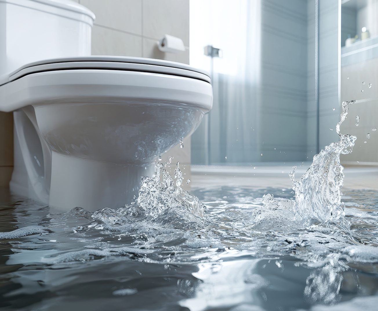 A toilet overflowing causing a bathroom flood